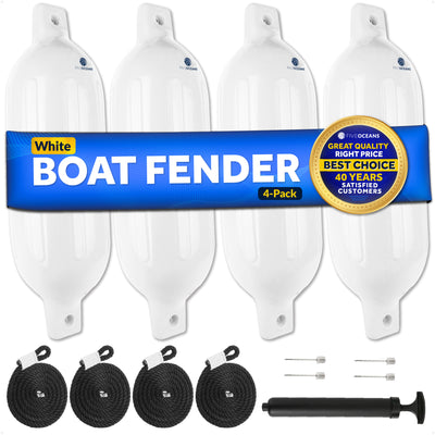 Inflatable Ribbed Boat Fenders - 4 Pack, White, 4.5" x 16" - FO4543 - Five Oceans