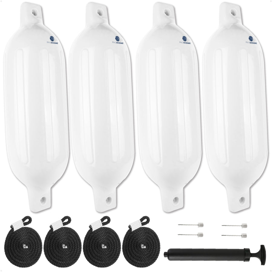 4.5" x 16" Inflatable Ribbed Boat Fenders, White, 4 Pack