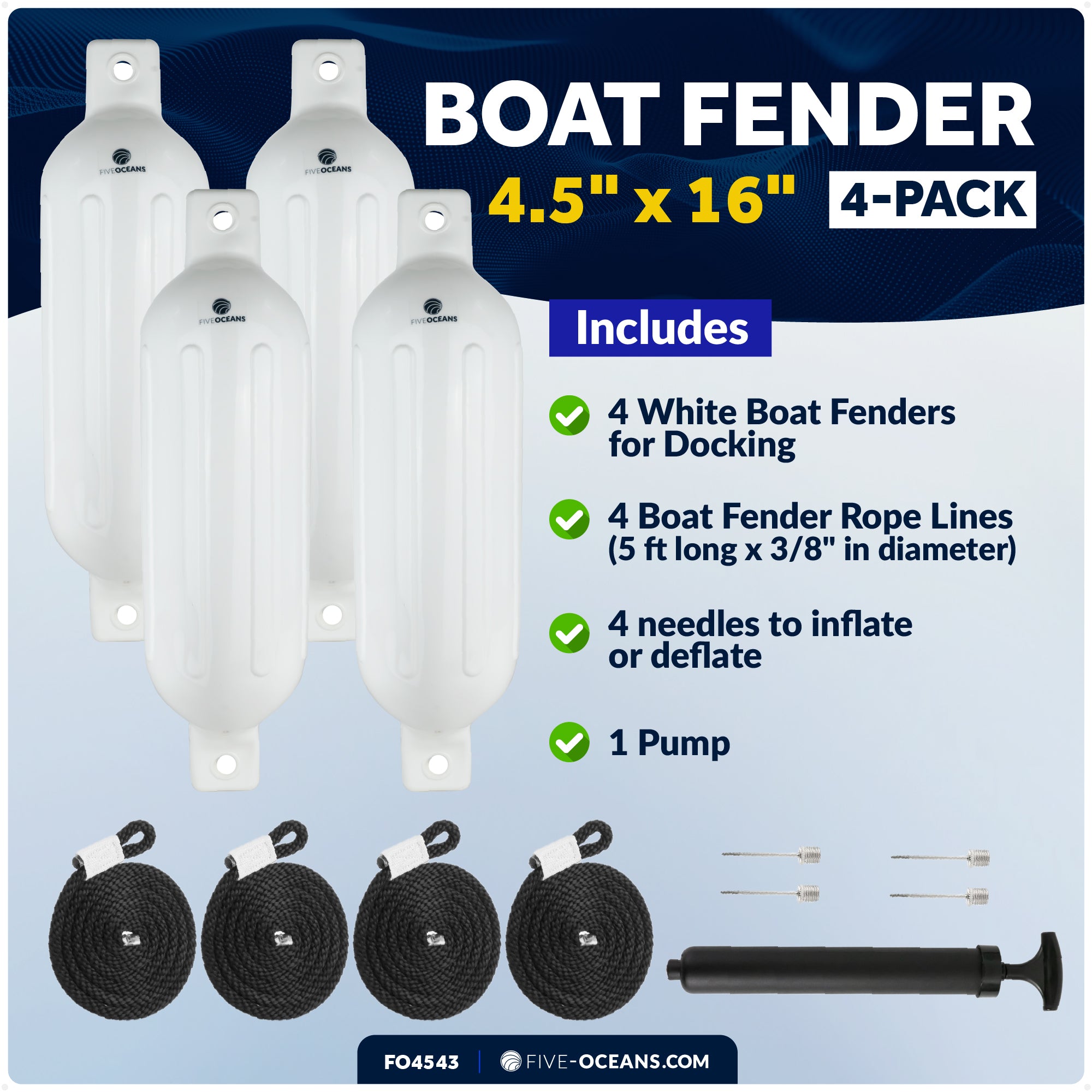 Inflatable Ribbed Boat Fenders - 4 Pack, Blue, 4.5" x 16" - FO4539