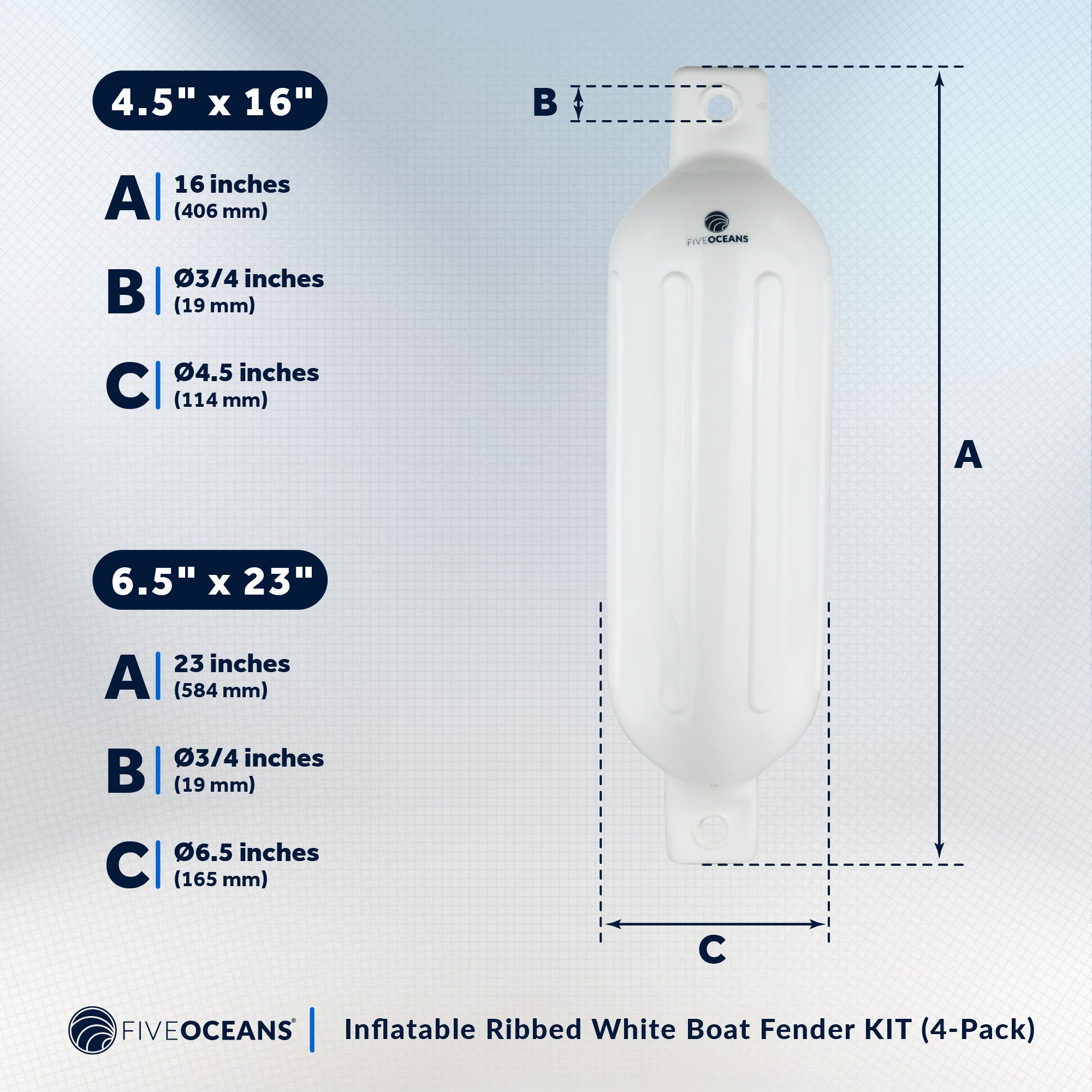 Boat Fenders, 4 Pack White 4.5" x 16" - FO4543 - Five Oceans