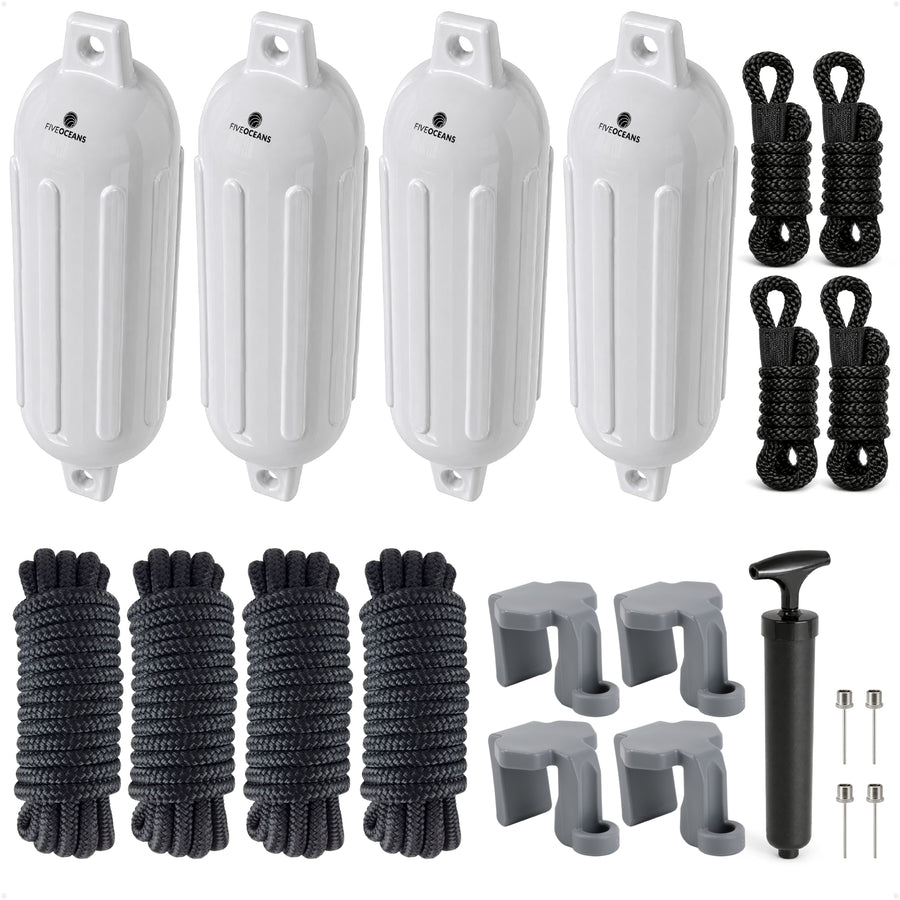 Pontoon Docking Kit - 6.5" x 23" White Fenders with Dock Lines & Fender Clips, 4-Pack