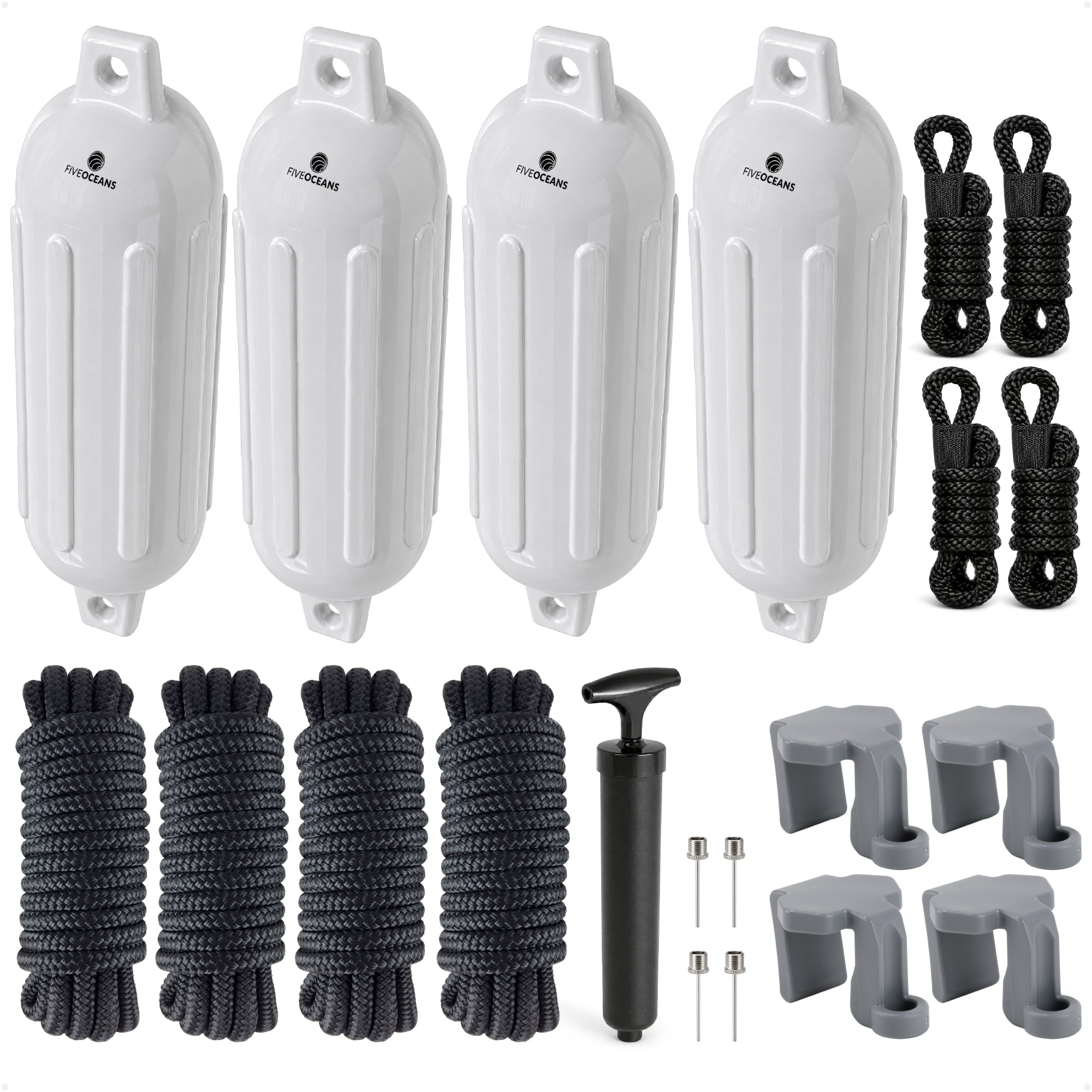 Pontoon Docking Kit - 6.5" x 23" White Fenders with Dock Lines & Fender Clips, 4-Pack