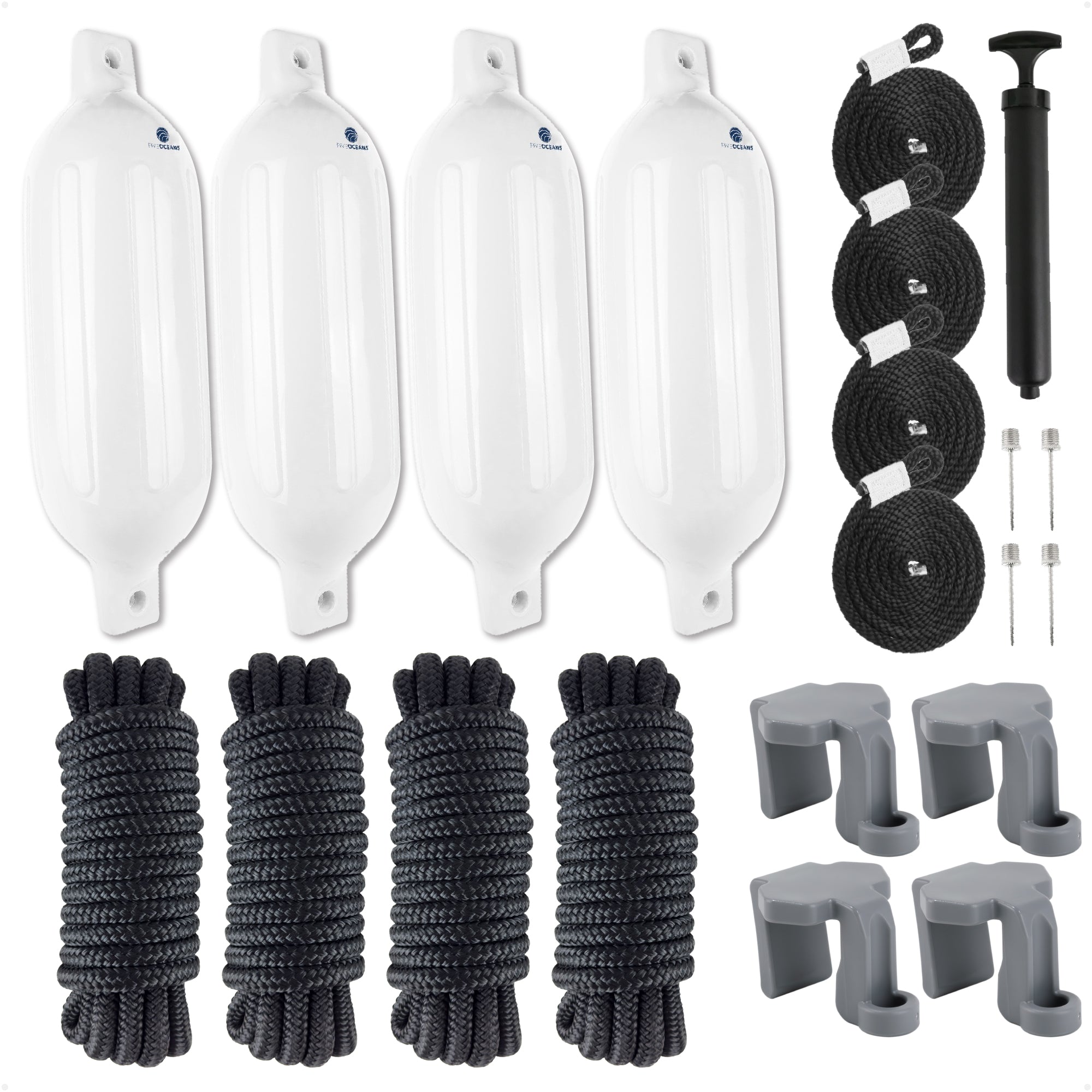 Pontoon Docking Kit - 6.5" x 23" White Fenders with Dock Lines & Fender Clips, 4-Pack