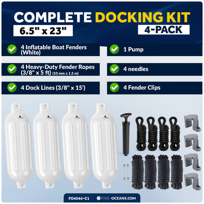 Pontoon Docking Kit - 6.5" x 23" White Fenders with Dock Lines & Fender Clips, 4-Pack