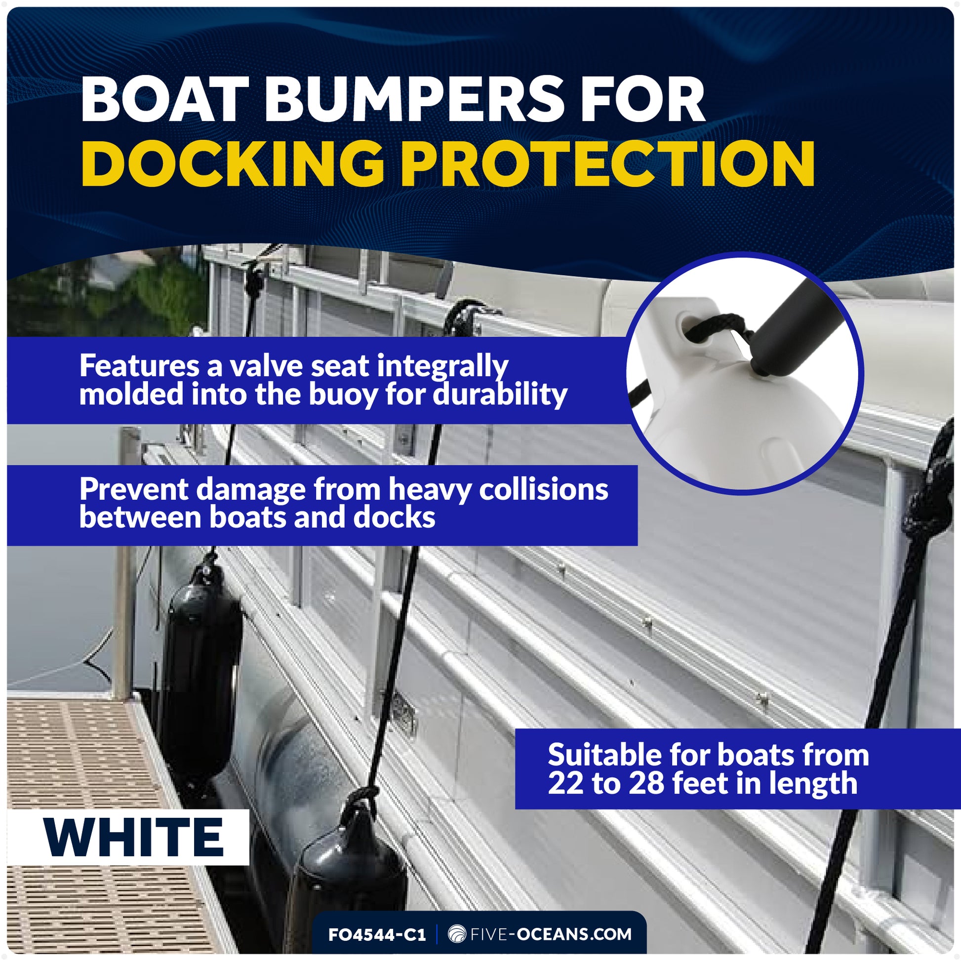 Pontoon Docking Kit - Inflatable Ribbed Fender, White 6.5" x 23", Dock Lines and Fender Clips - FO4544-C1 - Five Oceans