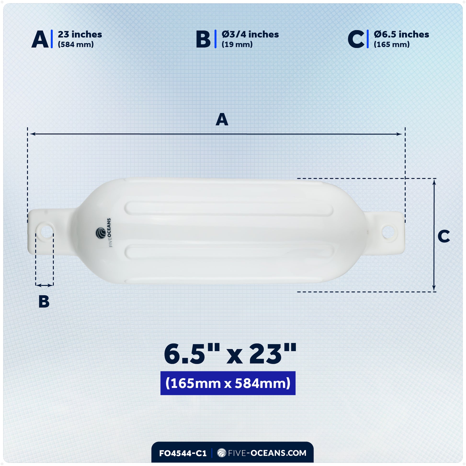 Pontoon Docking Kit - Inflatable Ribbed Fender, White 6.5" x 23", Dock Lines and Fender Clips - FO4544-C1 - Five Oceans