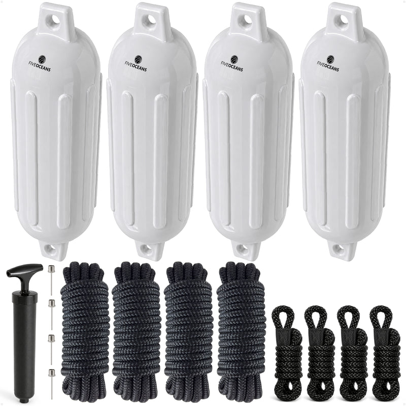 Boat Docking Kit - 6.5" x 23" White Fenders & Dock Lines, 4-Pack