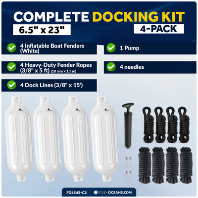 Boat Docking Kit - 6.5" x 23" White Fenders & Dock Lines, 4-Pack