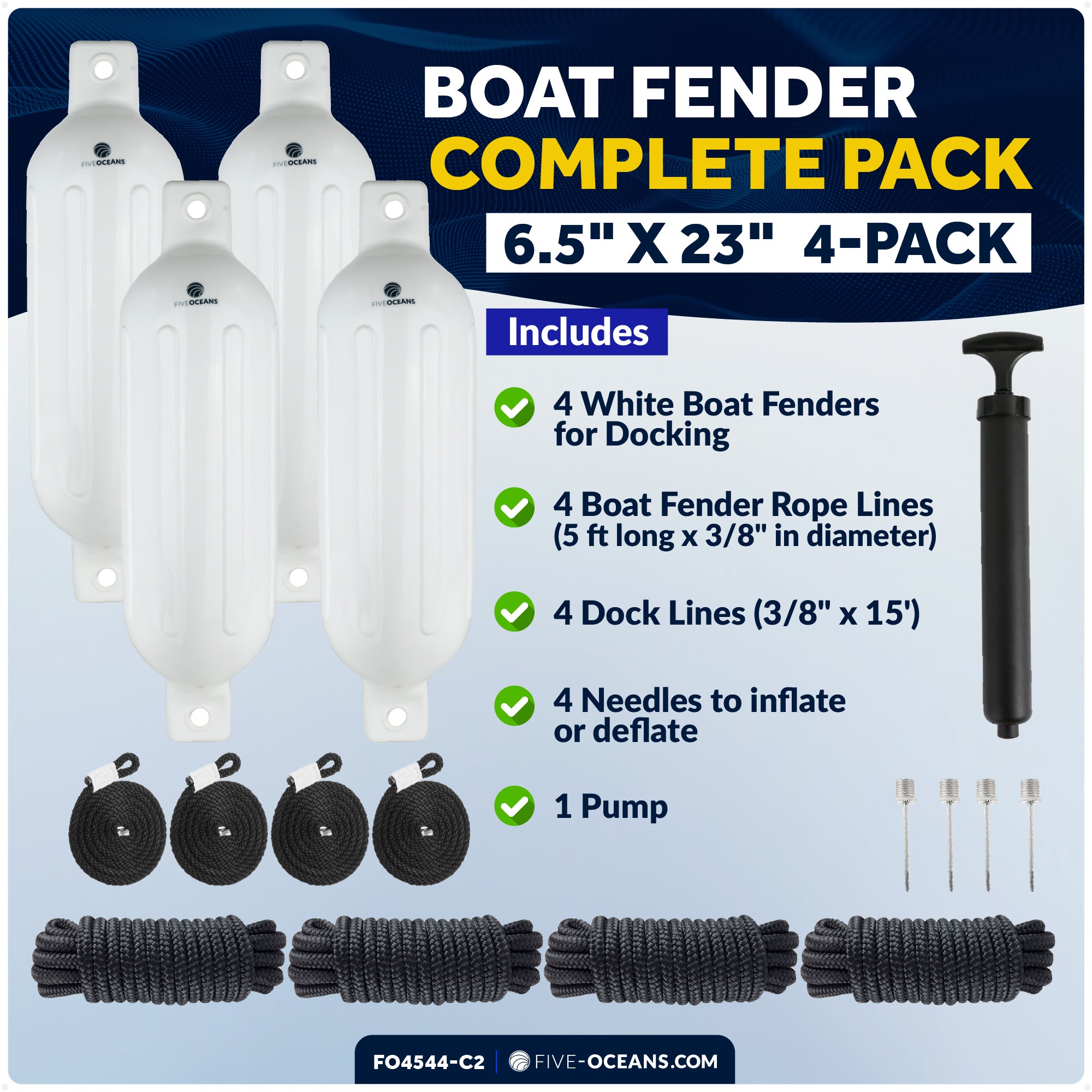 Boat Docking Kit - Inflatable Ribbed Fender, White 6.5" x 23" and 3/8" x 15' Dock Lines - FO4544-C2 - Five Oceans