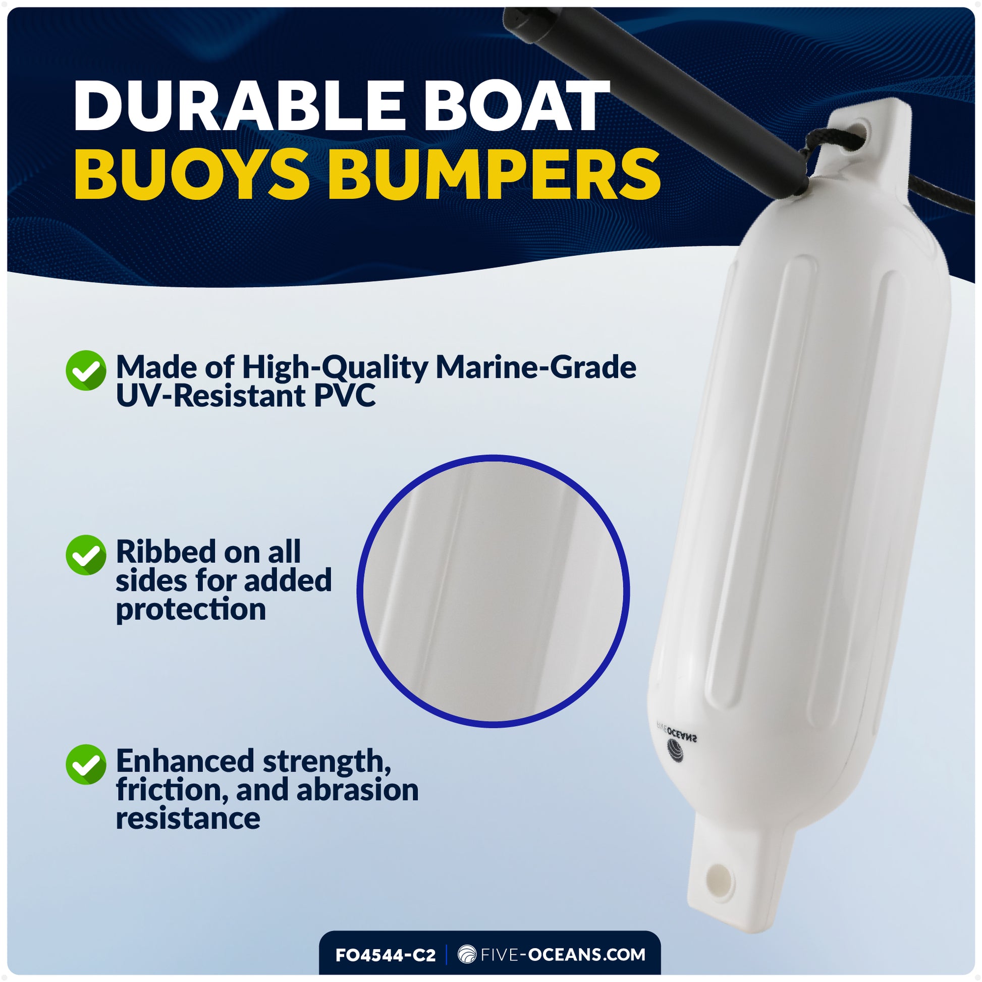 Boat Docking Kit - Inflatable Ribbed Fender, White 6.5" x 23" and 3/8" x 15' Dock Lines - FO4544-C2 - Five Oceans
