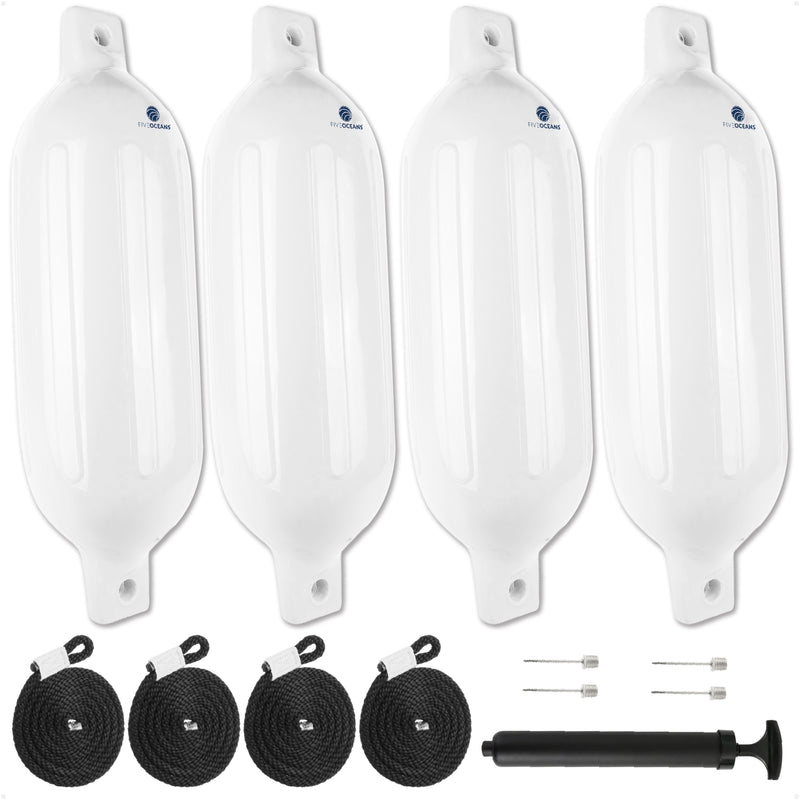 6.5" x 23" Inflatable Ribbed Boat Fenders, White, 4 Pack