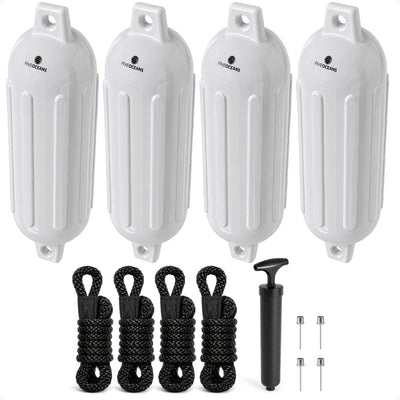 6.5" x 23" Inflatable Ribbed Boat Fenders, White, 4 Pack