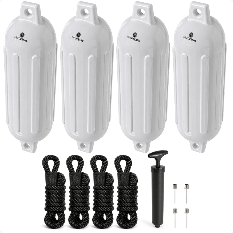 6.5" x 23" Inflatable Ribbed Boat Fenders, White, 4 Pack