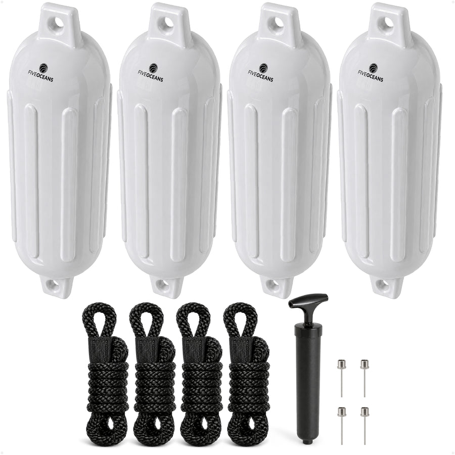 6.5" x 23" Inflatable Ribbed Boat Fenders, White, 4 Pack
