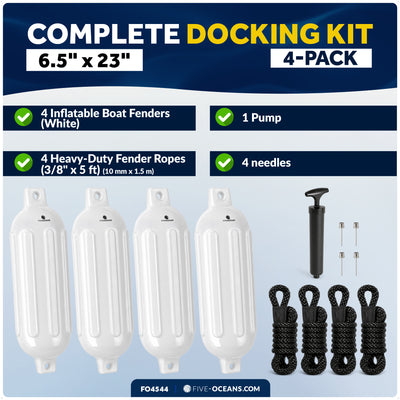 6.5" x 23" Inflatable Ribbed Boat Fenders, White, 4 Pack
