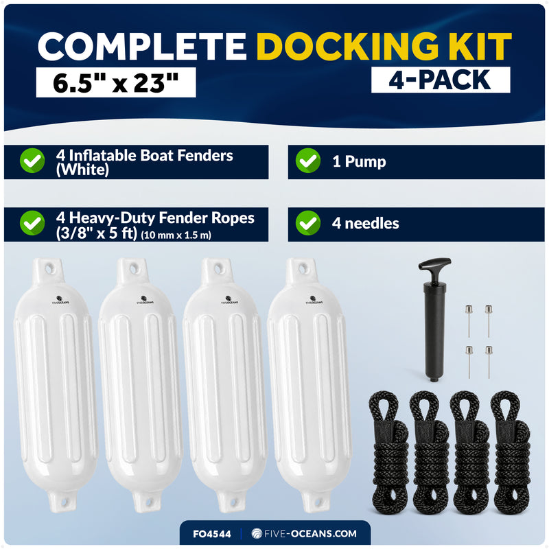 6.5" x 23" Inflatable Ribbed Boat Fenders, White, 4 Pack