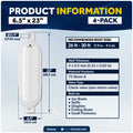 6.5" x 23" Inflatable Ribbed Boat Fenders, White, 4 Pack