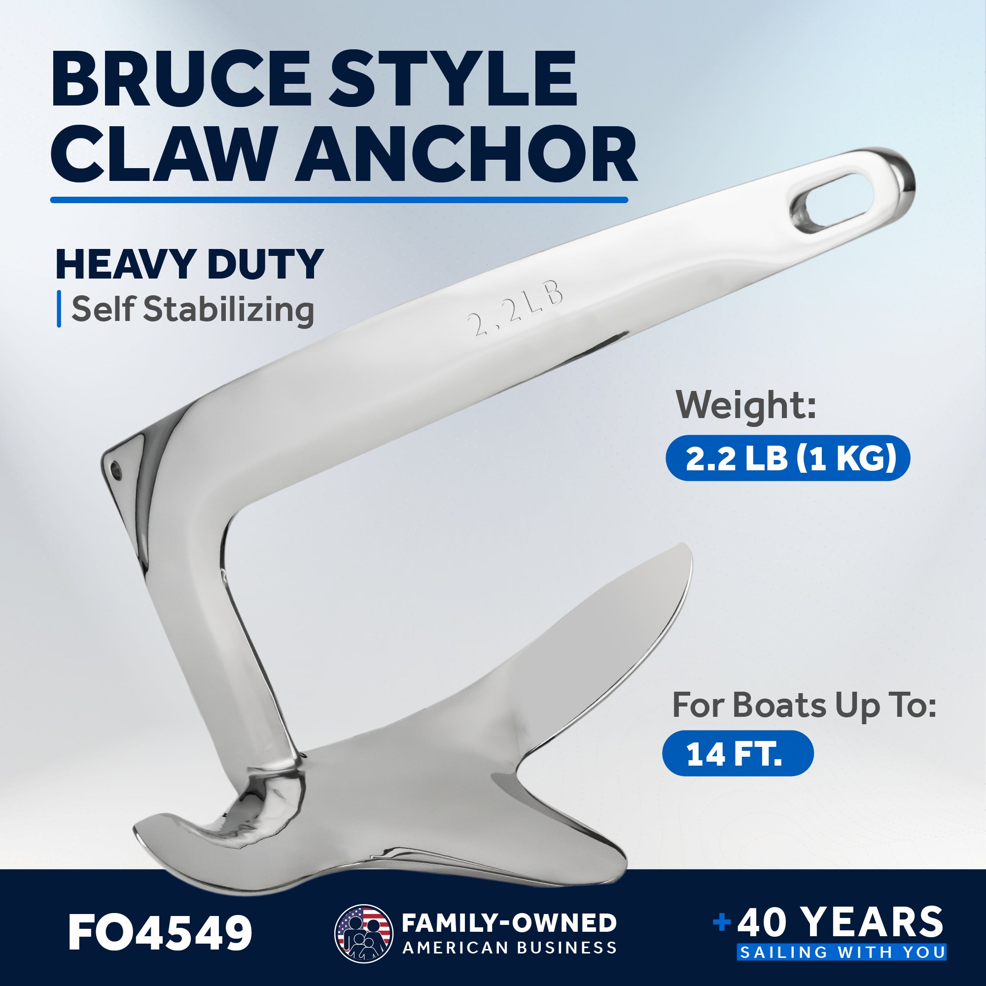 Bruce Style Claw Anchor, 2.2 Lb / 1 Kg Stainless Steel - FO4549
