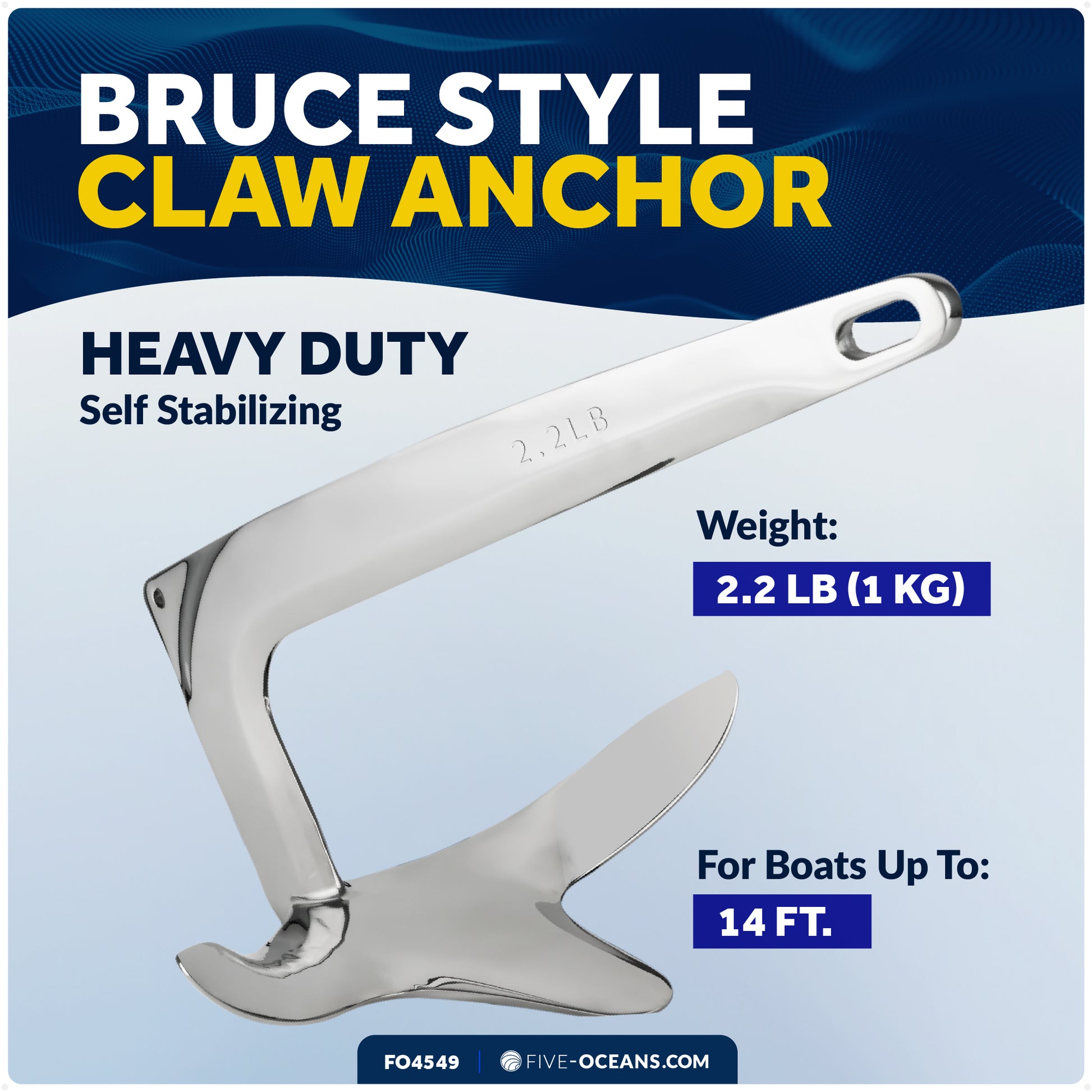 Bruce Style Claw Anchor, 2.2 Lb, Stainless Steel - FO4549 - Five Oceans