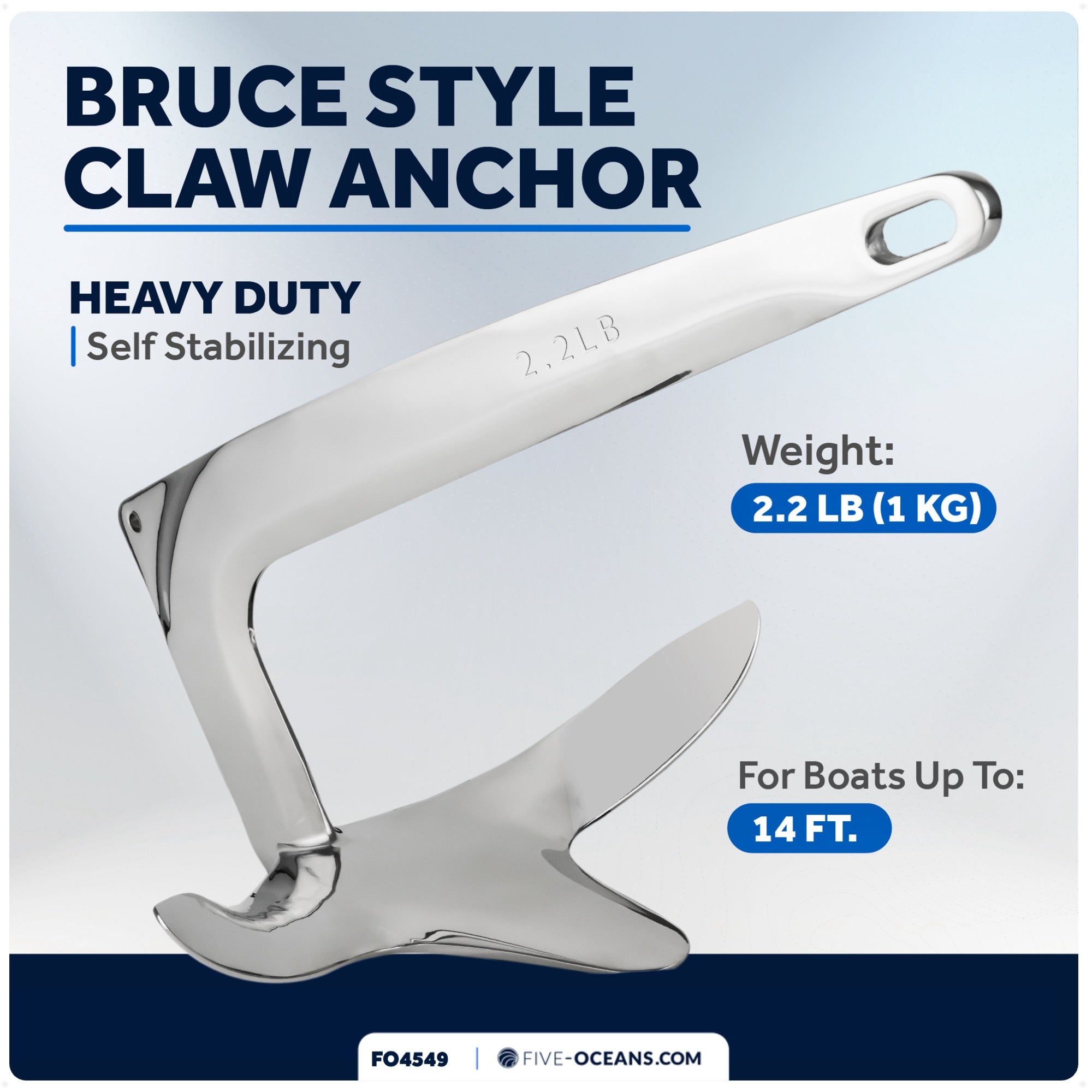 Bruce Style Claw Anchor, 2.2 Lb, Stainless Steel - FO4549 - Five Oceans