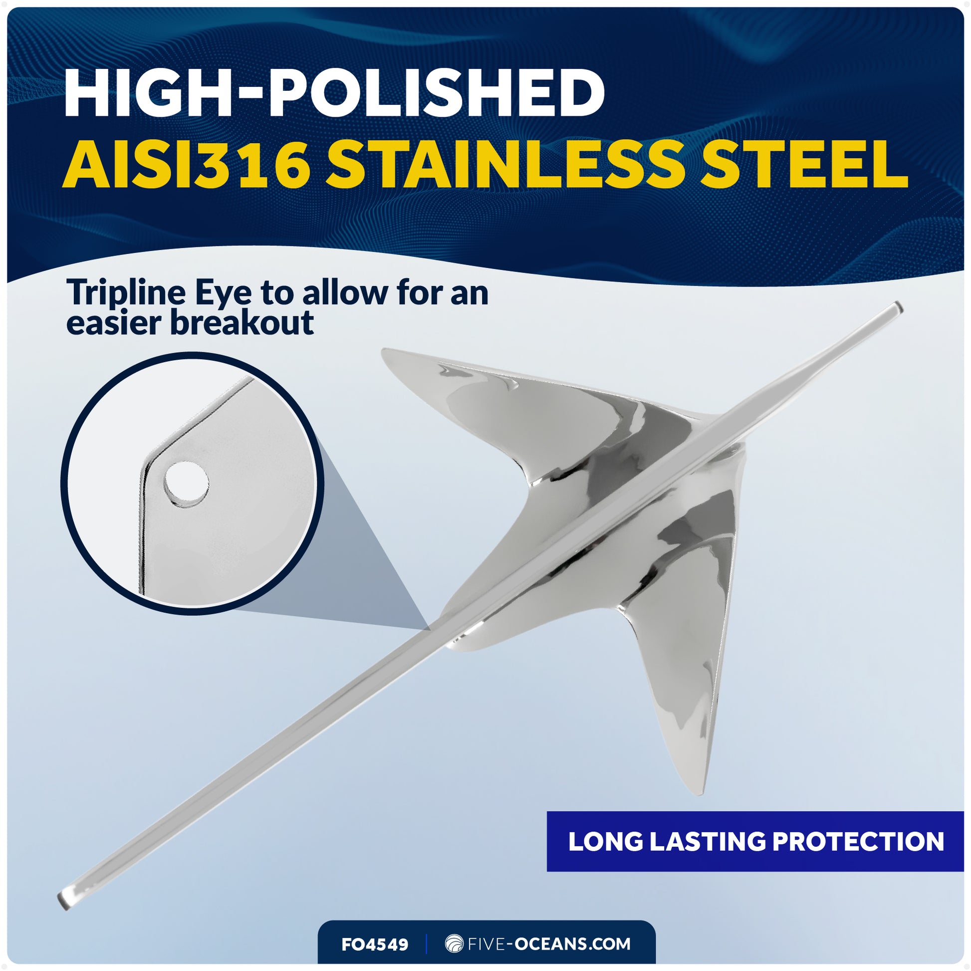 Bruce Style Claw Anchor, 2.2 Lb, Stainless Steel - FO4549 - Five Oceans