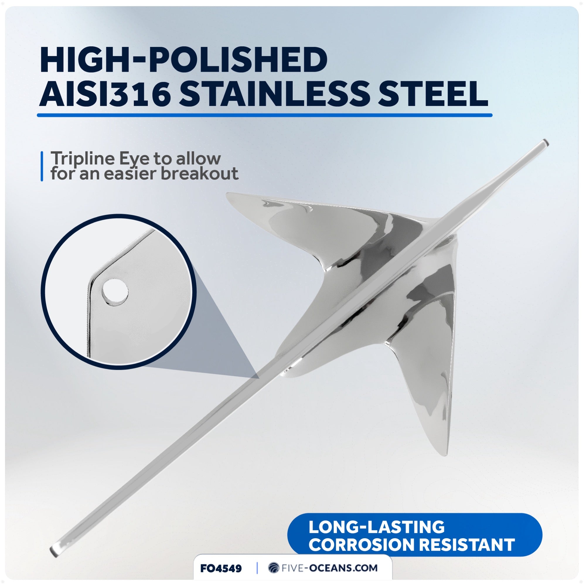 Bruce Style Claw Anchor, 2.2 Lb, Stainless Steel - FO4549 - Five Oceans
