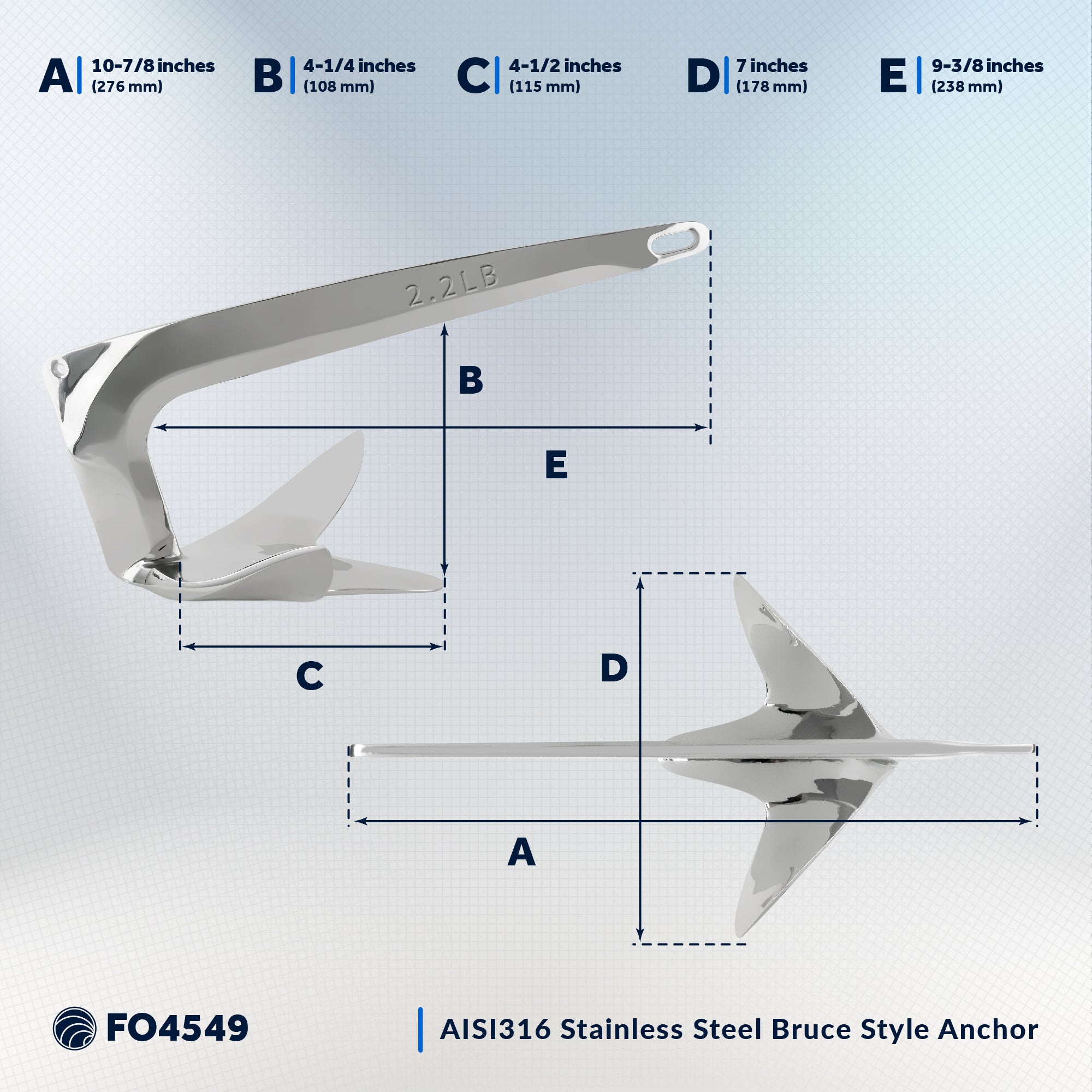 Bruce Style Claw Anchor, 2.2 Lb, Stainless Steel - FO4549 - Five Oceans