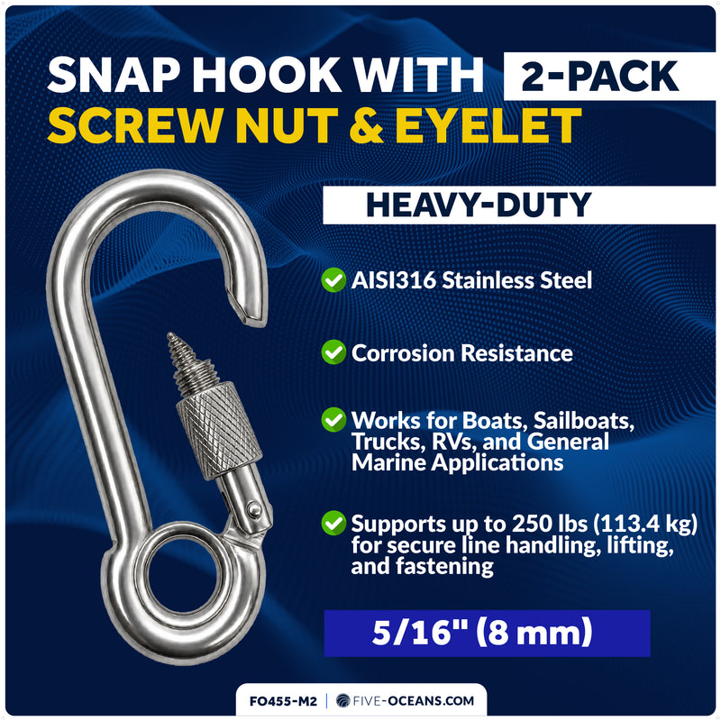 5/16" Snap Hook with Screw Nut & Eyelet, AISI316 Stainless Steel, 2-Pack