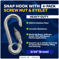 5/16" Snap Hook with Screw Nut & Eyelet, AISI316 Stainless Steel, 4-Pack
