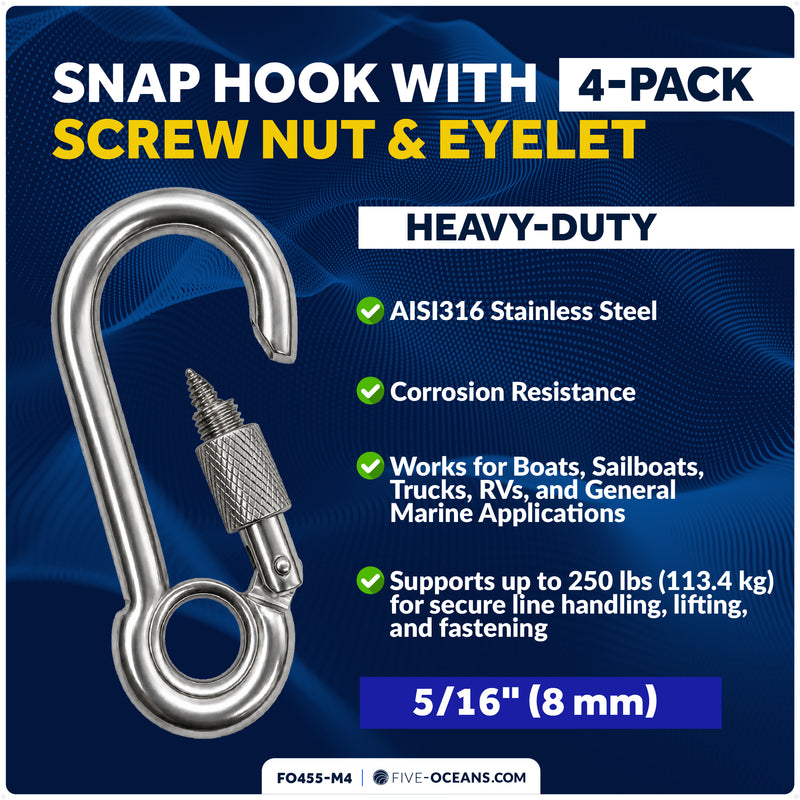 5/16" Snap Hook with Screw Nut & Eyelet, AISI316 Stainless Steel, 4-Pack