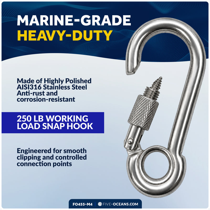 5/16" Snap Hook with Screw Nut & Eyelet, AISI316 Stainless Steel, 4-Pack