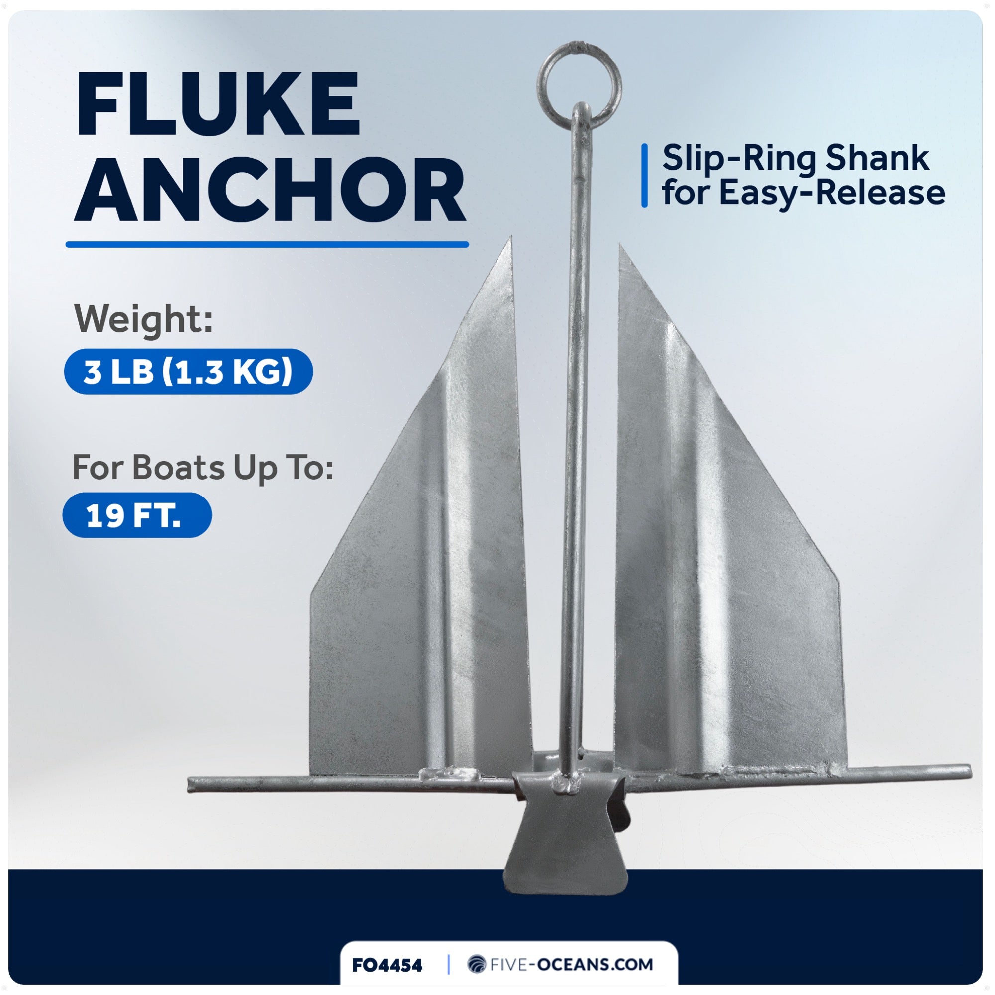 Boat Fluke Anchor, 3 Lb Easy-Release Galvanized Steel, Slip Ring Shank - FO4554