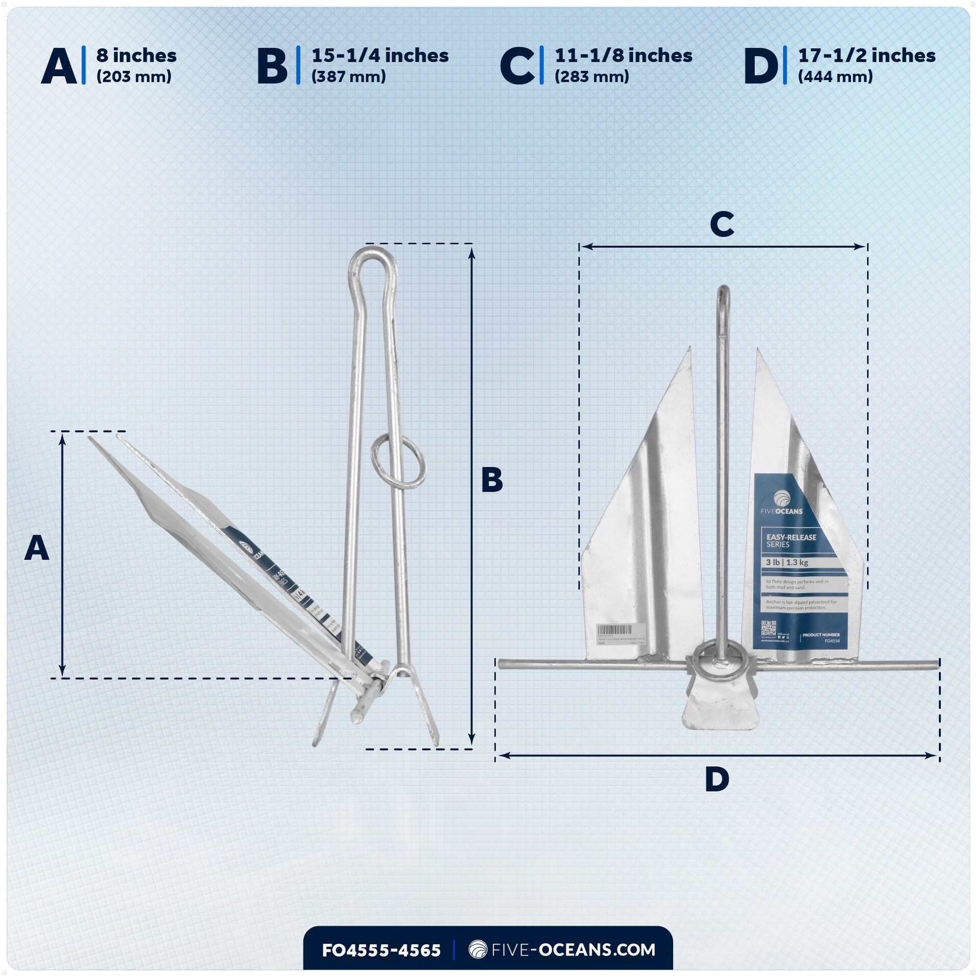 5 Lb Boat Fluke Anchor Kit, Slip Ring Shank, Hot Dipped Galvanized, Rope, Chain and Shackle - FO4555-4565 - Five Oceans