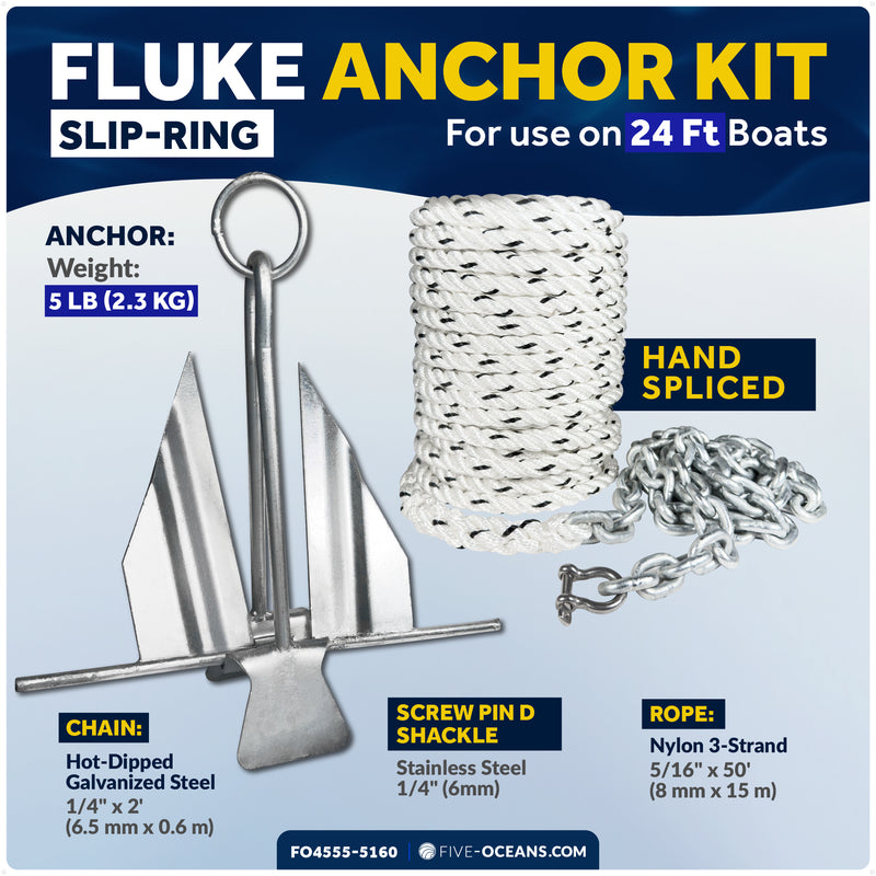 5 lb Fluke Anchor Kit - Slip-Ring Boat Anchor with Hand-Spliced Rope & Chain