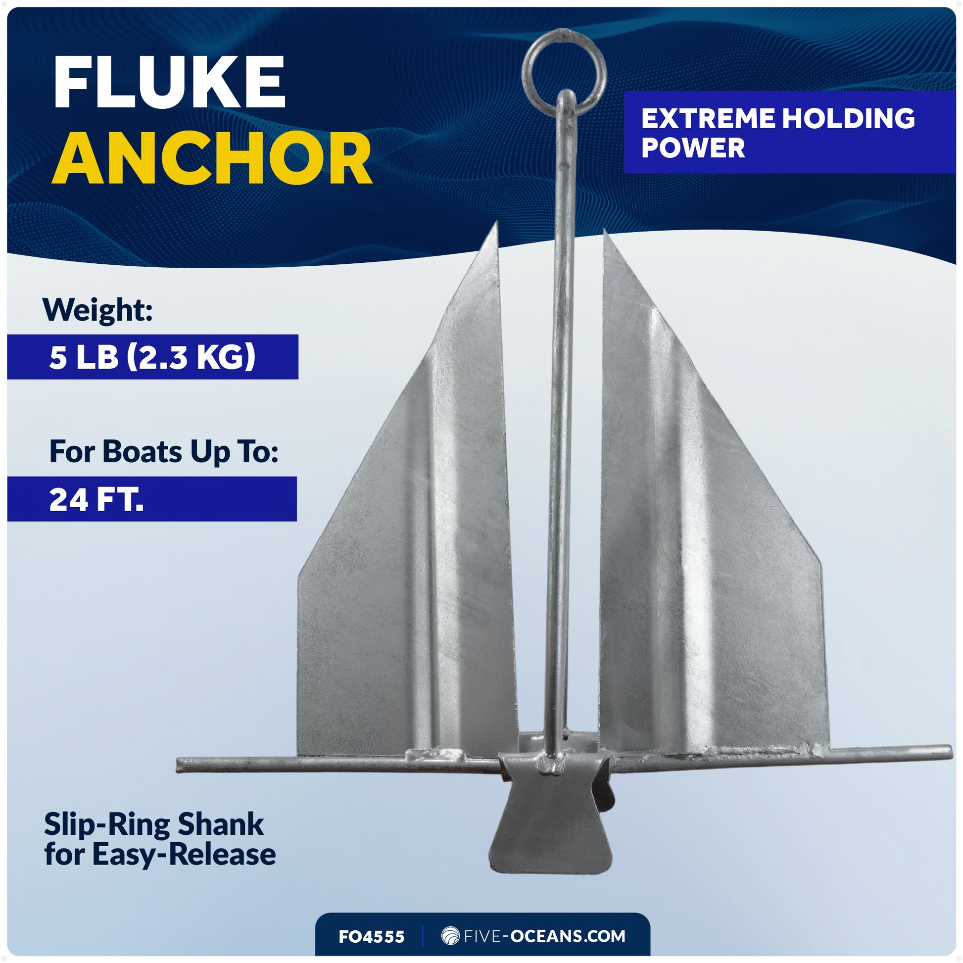 5 Lb. Slip-Ring Fluke Anchor, Galvanized Steel - FO4555 - Five Oceans