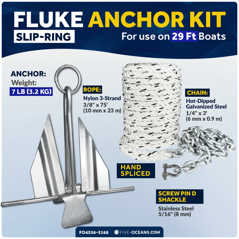 7 lb Slip Ring Fluke Anchor Kit with Hand-Spliced Rope & Chain