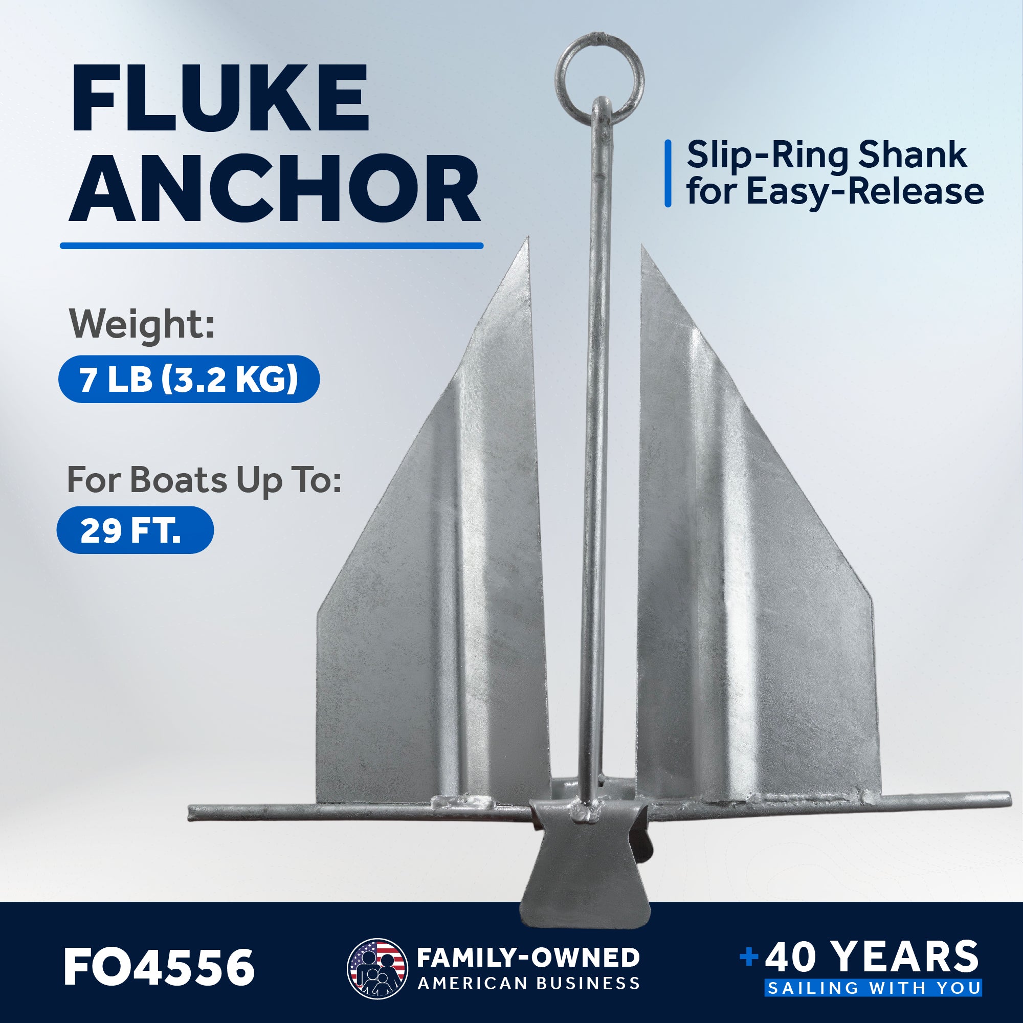 Boat Fluke Anchor, 7 Lb Easy-Release Galvanized Steel, Slip Ring Shank - FO4556
