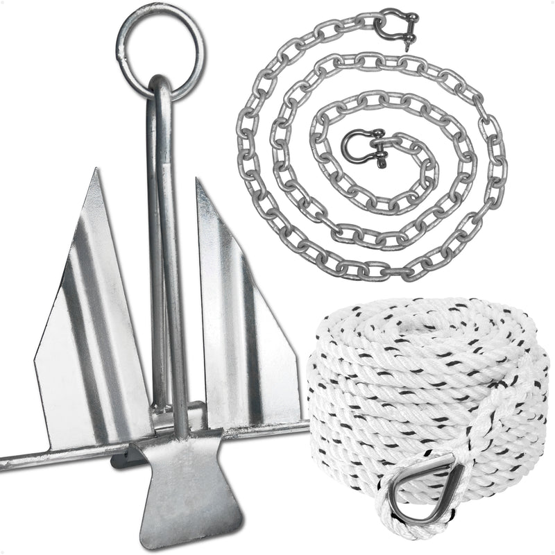 12 Lb Boat Fluke Anchor Kit, Slip Ring Shank, Hot Dipped Galvanized, Rope, Chain and Shackle - FO4558-4577 - Five Oceans