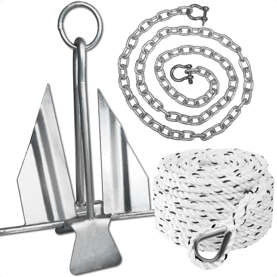 12 Lb Boat Fluke Anchor Kit, Slip Ring Shank, Hot Dipped Galvanized, Rope, Chain and Shackle - FO4558-4577 - Five Oceans