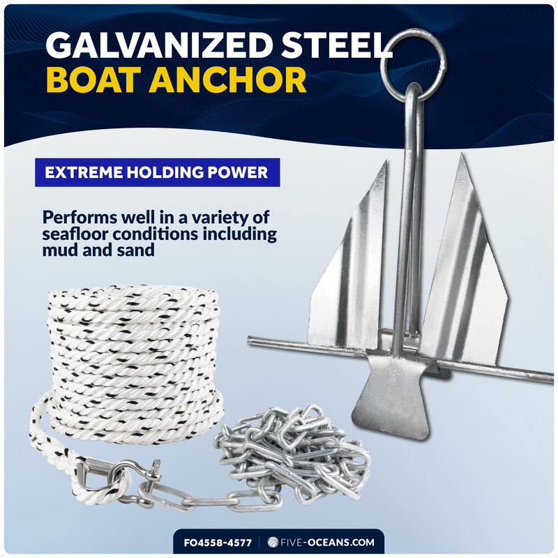 12 Lb Boat Fluke Anchor Kit, Slip Ring Shank, Hot Dipped Galvanized, Rope, Chain and Shackle - FO4558-4577 - Five Oceans