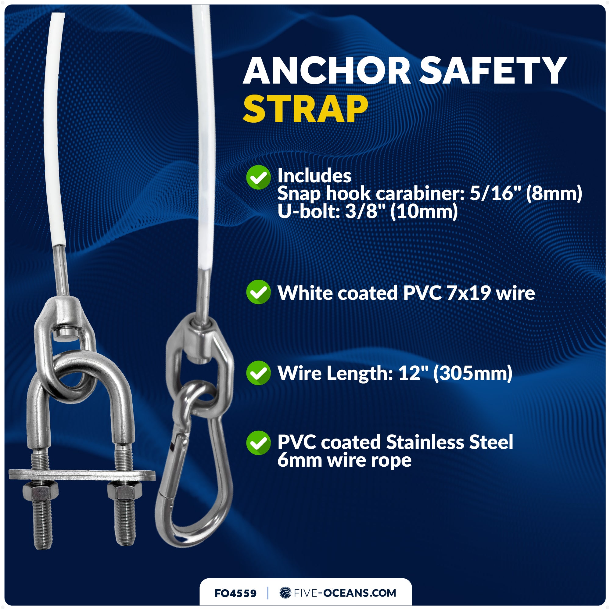 12" Anchor Safety Strap - 3/8" U-Bolt, Stainless Steel/PVC Coated - FO4559