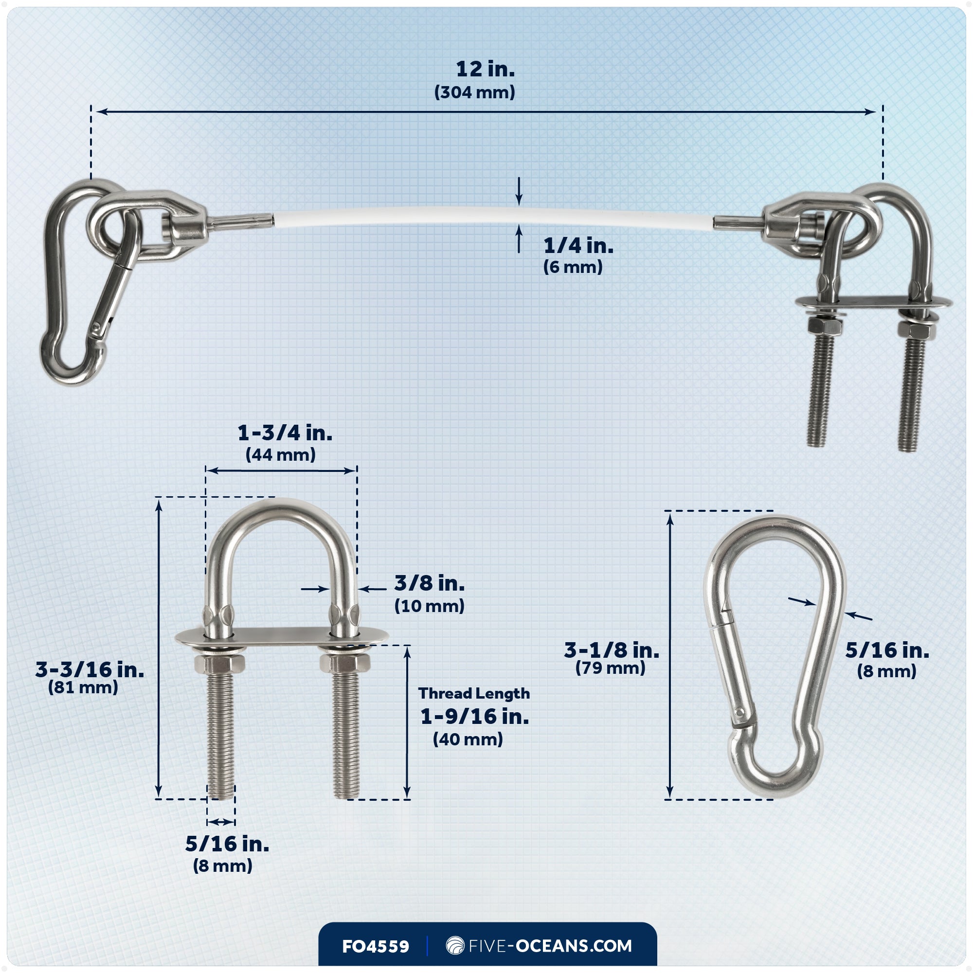 12" Anchor Safety Strap - 3/8" U-Bolt, Stainless Steel/PVC Coated - FO4559