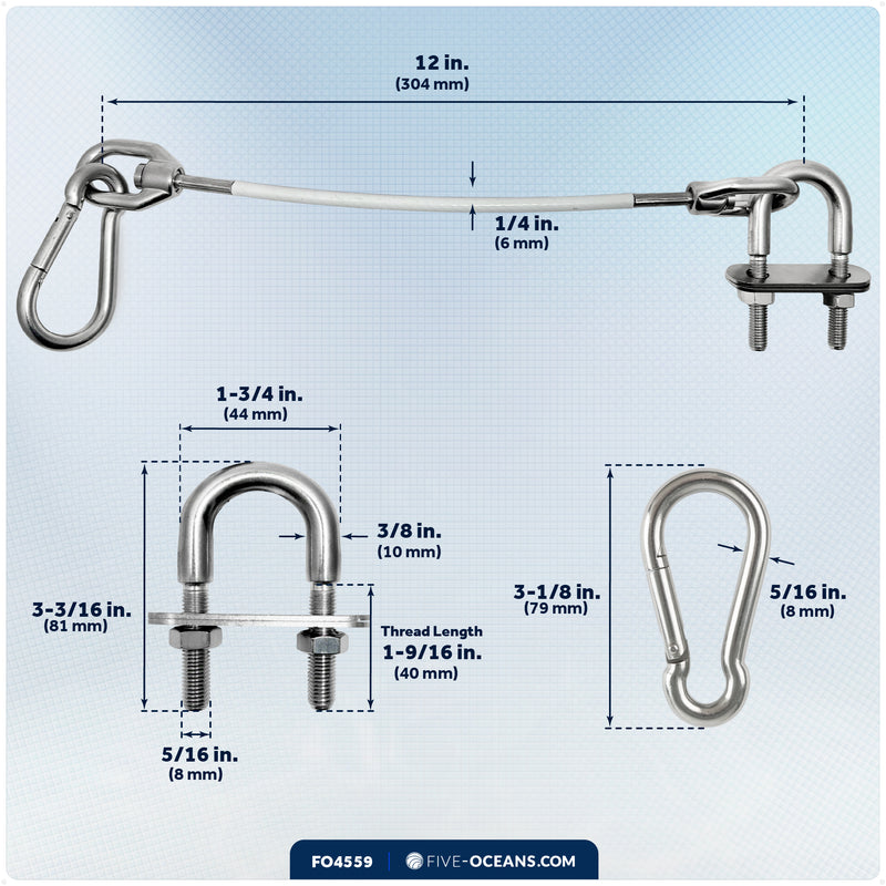 12" Anchor Safety Strap - 3/8" U-Bolt, Stainless Steel/PVC Coated - FO4559 - Five Oceans