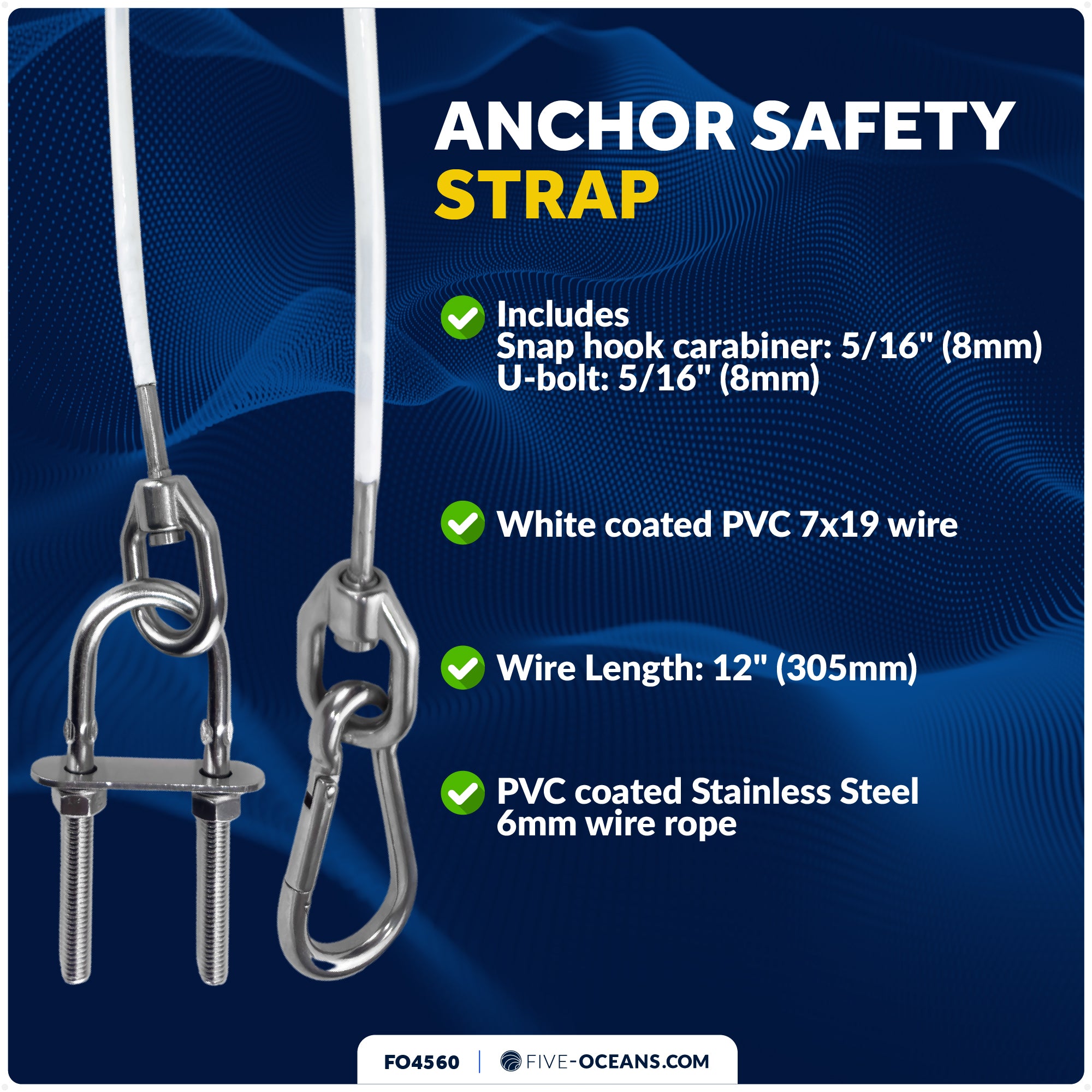 12" Anchor Safety Strap - 5/16" U-Bolt, Stainless Steel/PVC Coated - FO4560