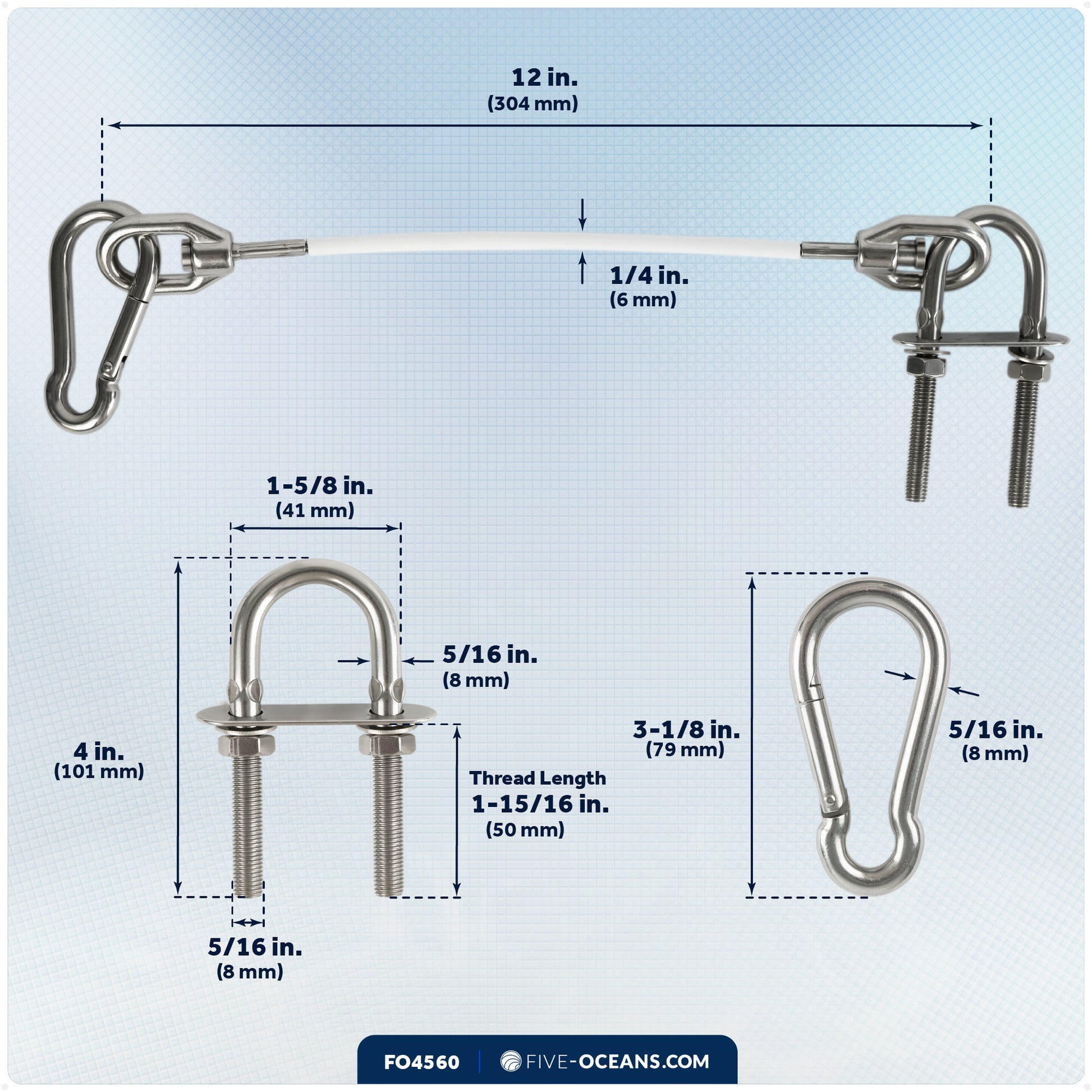 12" Anchor Safety Strap - 5/16" U-Bolt, Stainless Steel/PVC Coated - FO4560 - Five Oceans