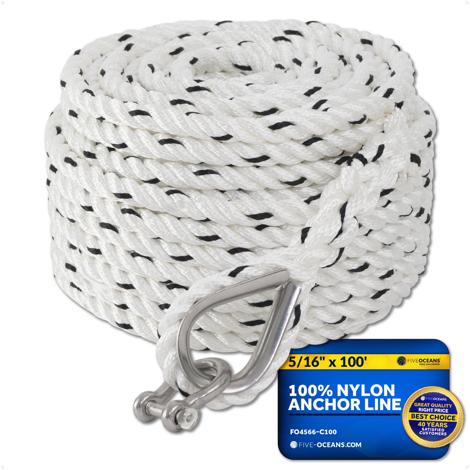 Anchor Line, 5/16" x 100', 3-Strand Nylon Spliced - FO4566-C100 - Five Oceans
