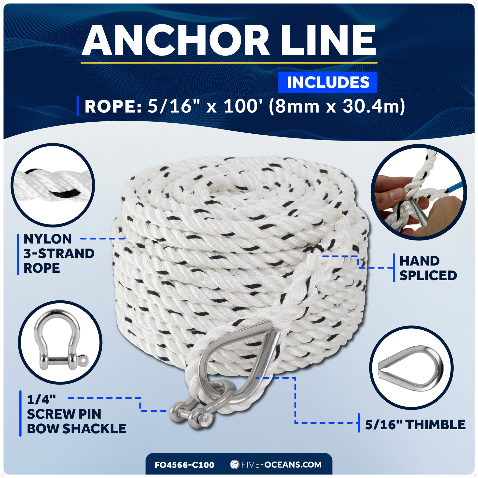 Anchor Line, 5/16" x 100', 3-Strand Nylon Spliced - FO4566-C100 - Five Oceans