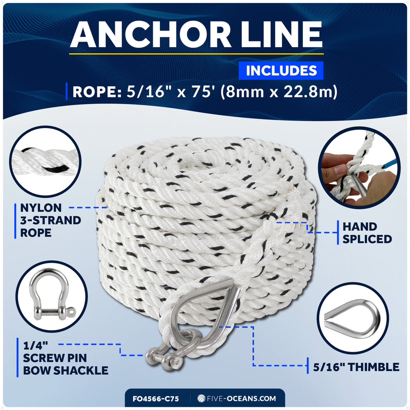 5/16" x 75' Premium 3-Strand Nylon Anchor Line - FO4566-C75 - Five Oceans