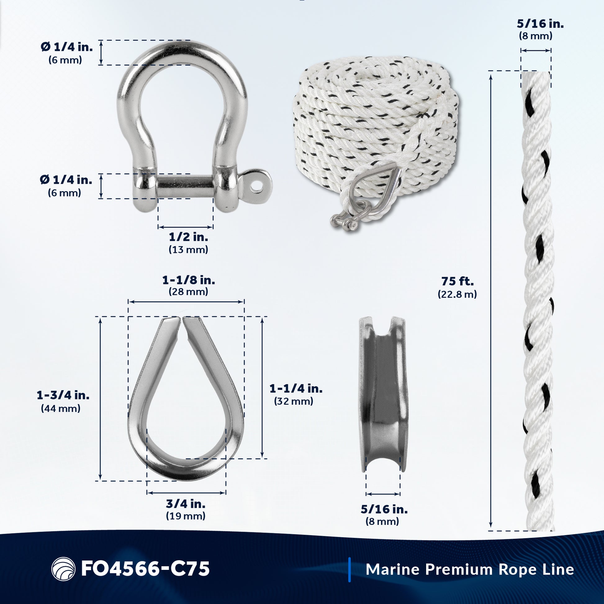 Anchor Line 5/16" x 75', 3-Strand Nylon, Spliced - FO4566-C75 - Five Oceans