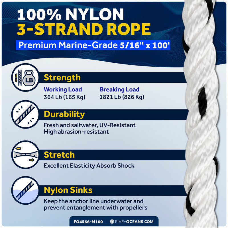 5/16" x 100' Premium 3-Strand Nylon Line, White with Black Tracer - FO4566-M100 - Five Oceans